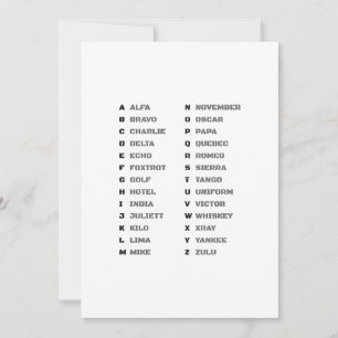 Cartes Pour Fêtes Annuelles Alphabet phonétique pour l'armée