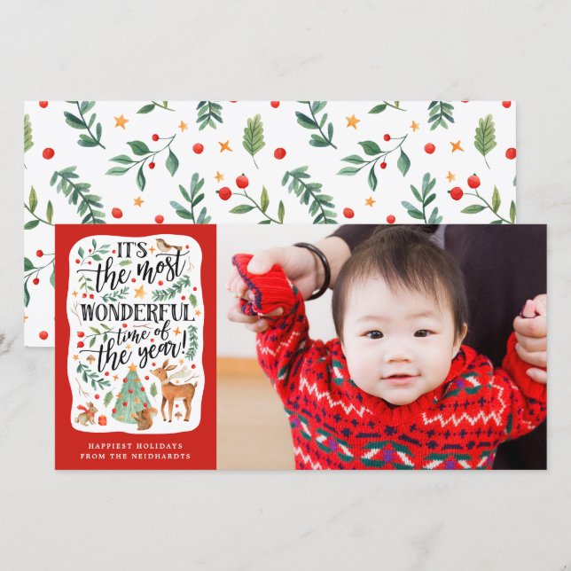 Cartes Pour Fêtes Annuelles Amis de la forêt | Blanc | Photo (Devant / Derrière)
