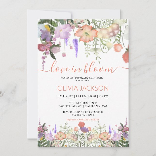 Cartes Pour Fêtes Annuelles Amour en fleur Fleur sauvage Douche nuptiale Invit (Devant)