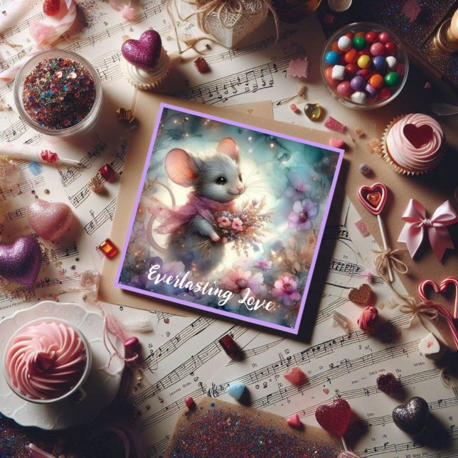 Cartes Pour Fêtes Annuelles Amour éternel Pink Floral Souris Valentine (Créateur téléchargé)