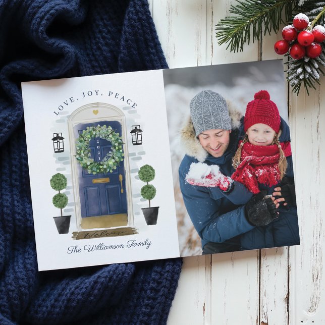Cartes Pour Fêtes Annuelles Amour, Joie, Peace Navy Aquarelle Photo (Love, Joy, Peace Navy Watercolor Front Door Photo Holiday Card)
