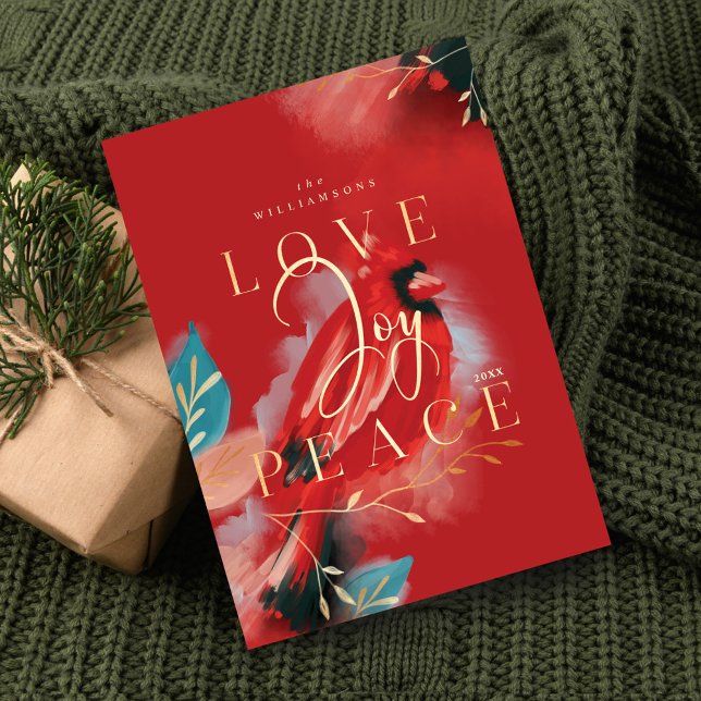 Cartes Pour Fêtes Annuelles Amour Joy & Paix Rouge Cardinal Aquarelle Rouge (Love Joy & Peace Red Cardinal Watercolor Red Holiday Card)