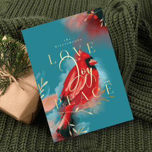 Cartes Pour Fêtes Annuelles Amour Joy & Paix Rouge Cardinal Aquarelle Turquois