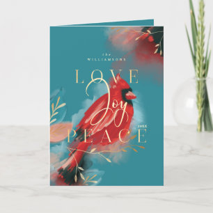 Cartes Pour Fêtes Annuelles Amour Joy & Paix Rouge Cardinal Aquarelle Turquois