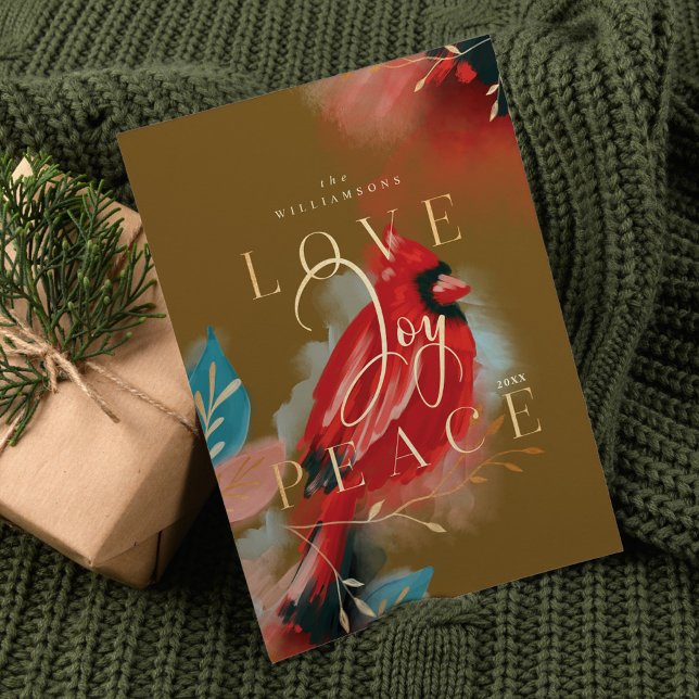 Cartes Pour Fêtes Annuelles Amour Joy & Paix Rouge Cardinal Aquarelle Vert (Love Joy & Peace Red Cardinal Watercolor Green Holiday Card)