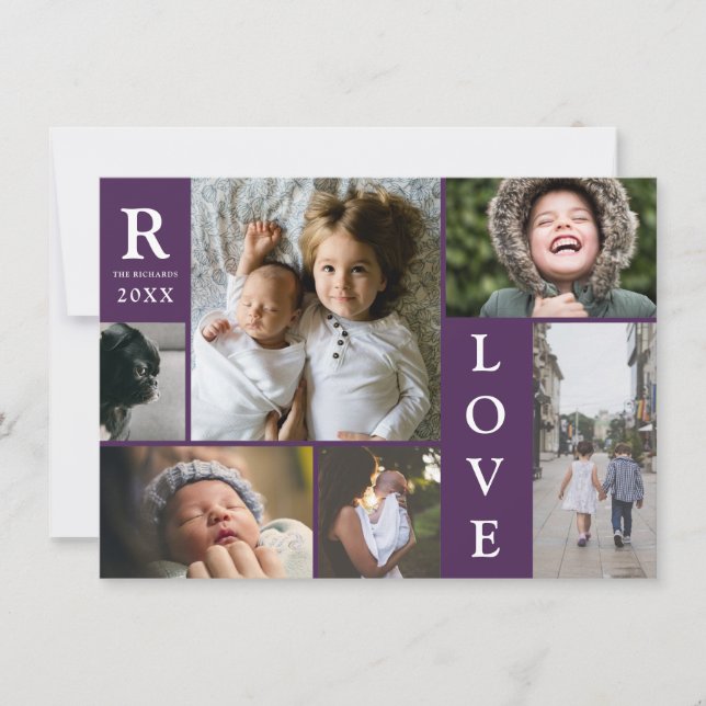 Cartes Pour Fêtes Annuelles Amour Moderne Violet Foncé Bloc Famille Photo Coll (Devant)