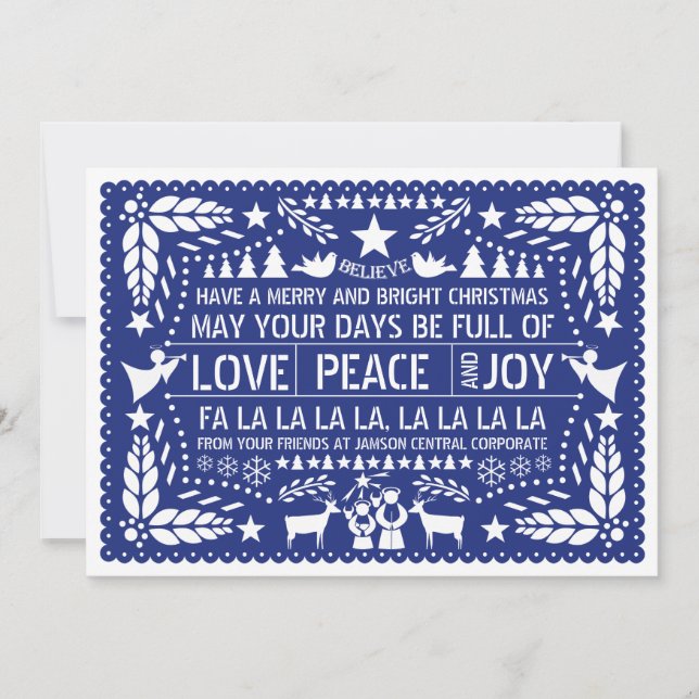 Cartes Pour Fêtes Annuelles Amour, Paix, Joie papel picado bleu Noël (Devant)
