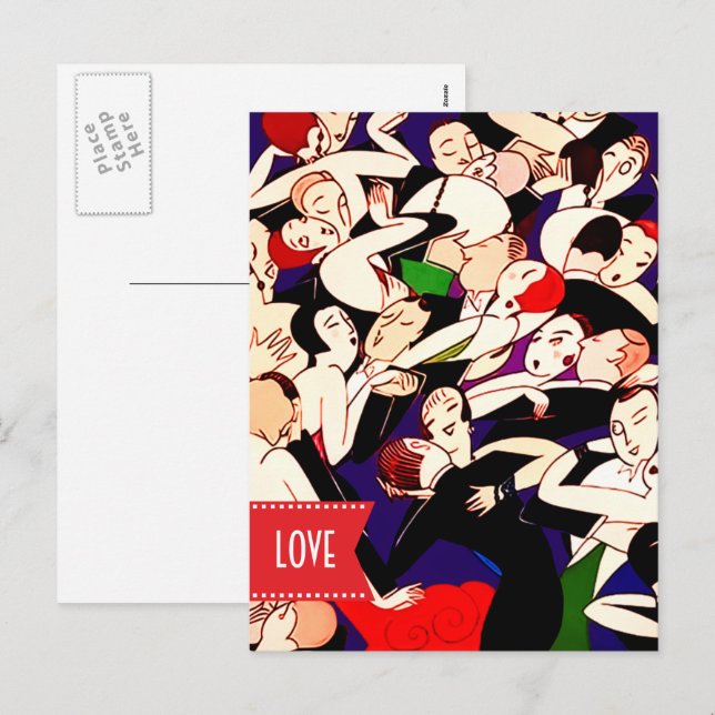 Cartes Pour Fêtes Annuelles Amour. Saint-Valentin. Couples dansants Art Déco (Devant / Derrière)