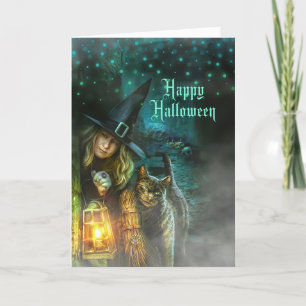 Cartes Pour Fêtes Annuelles Amusant et Éffrayant sorcière et chat Halloween