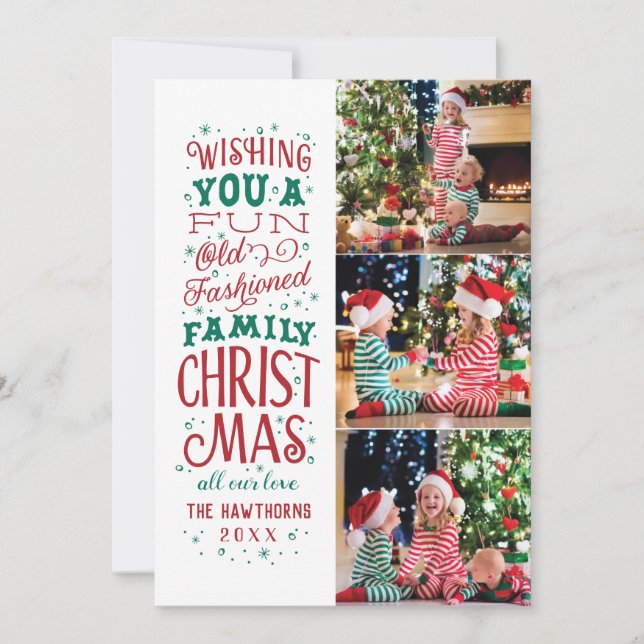 Cartes Pour Fêtes Annuelles Amusant Vieux mode Famille Noël Trois photos (Devant)