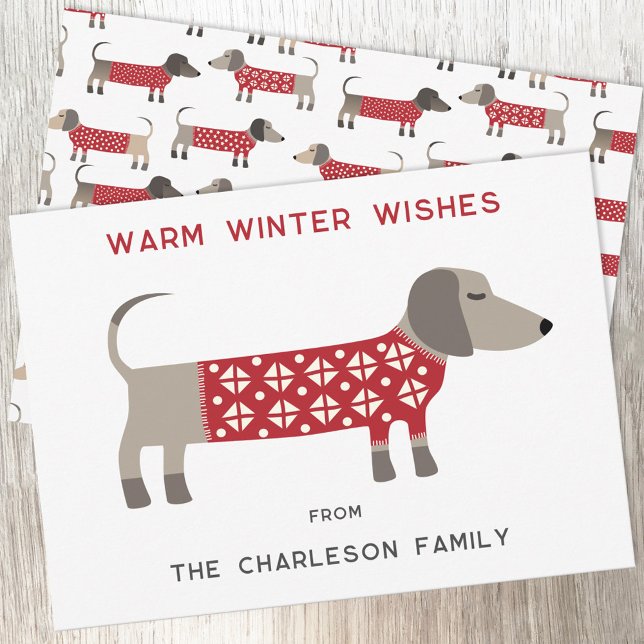 Cartes Pour Fêtes Annuelles Amusement pour chien teckel  (Dachshund Sausage or Wiener Dog in red and white cosy knitwear for a fun Christmas holiday card)
