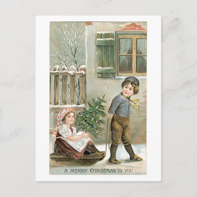 Cartes Pour Fêtes Annuelles Ancien Noël, garçon & fille (Devant)