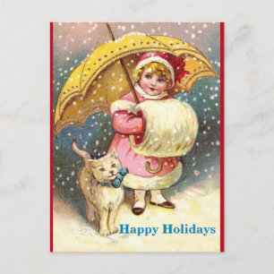 Cartes Pour Fêtes Annuelles Ancienne Fille Image, Neige, Chat, Parapluie Jaune