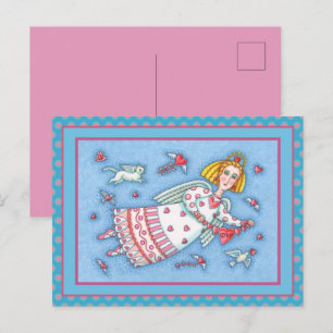 CARTES POUR FÊTES ANNUELLES ANGE DE L'ART POPULAIRE, CHAT ET CŒURS VOLANTS VAL