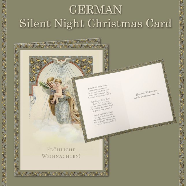 Cartes Pour Fêtes Annuelles Ange de Noël allemand Jésus Soirée silencieuse (Traditional Vintage  German Angel Christmas Card with German Silent Night Hymn )