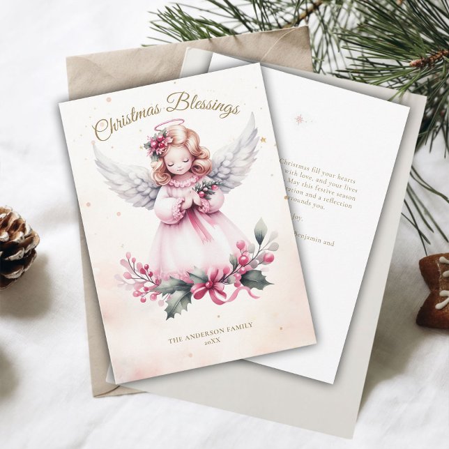 Cartes Pour Fêtes Annuelles Ange de Noël rose doux Bénédiction infantile Famil (christmas blessings personalized family card child angel watercolor pink white gold)