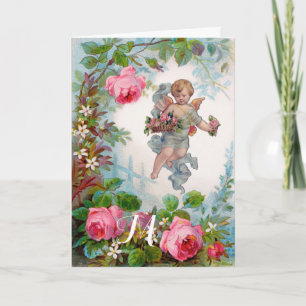 CARTES POUR FÊTES ANNUELLES ANGE DÉMONIAQUE CUEILLANT DES ROSES ET DES FLEURS 