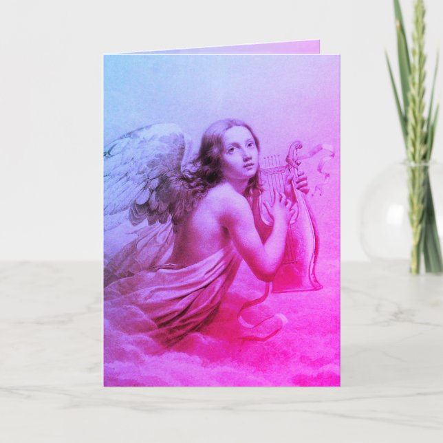 Cartes Pour Fêtes Annuelles ANGE JOUER LYRA SUR LES NUAGES Bleu rose (Devant)