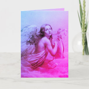 Cartes Pour Fêtes Annuelles ANGE JOUER LYRA SUR LES NUAGES Bleu rose