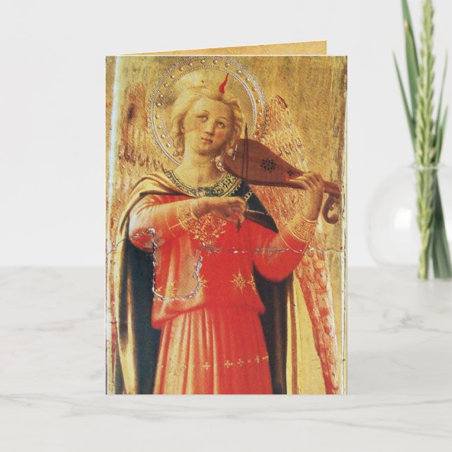 CARTES POUR FÊTES ANNUELLES ANGE MUSICAL EN ROUGE ET OR (Devant)