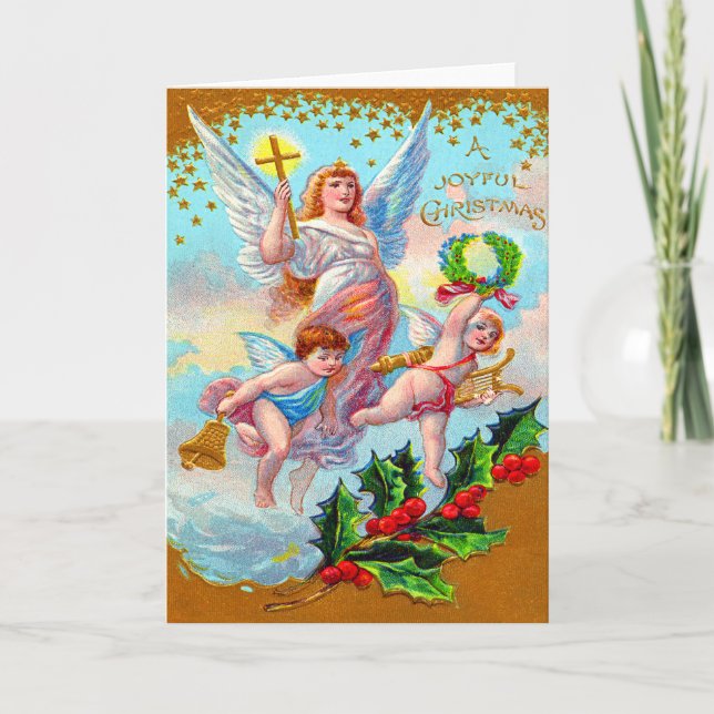Cartes Pour Fêtes Annuelles Angel Cherub Croix chrétienne Bell Wreath Holly (Devant)