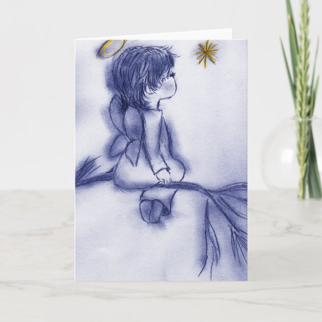 Cartes Pour Fêtes Annuelles Angel en attente sur une étoile - Tint Bleu (Devant)