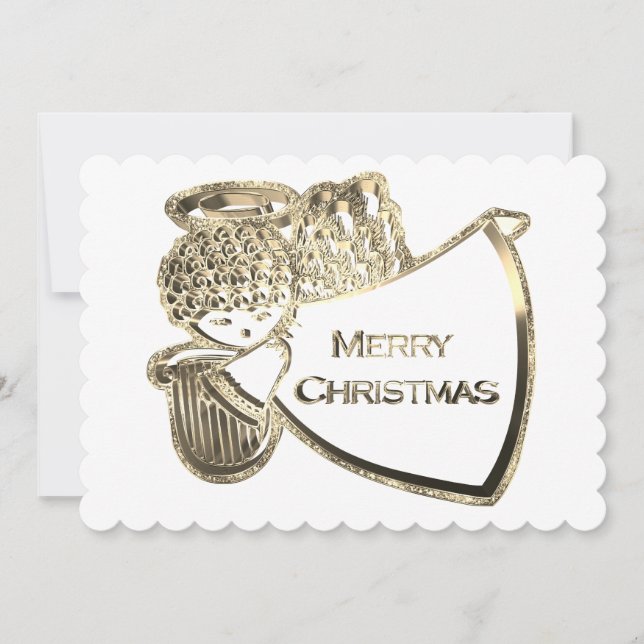 Cartes Pour Fêtes Annuelles Angel Jouer Harpe Élégant Or Blanc Noël (Devant)