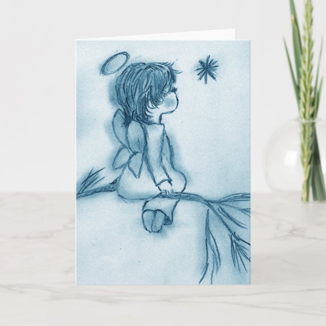 Cartes Pour Fêtes Annuelles Angel Wishing On A Star - Léger Bleu Tint (Devant)