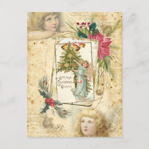 Cartes Pour Fêtes Annuelles Anges de Noël Vintage, Holly & Poinsettias