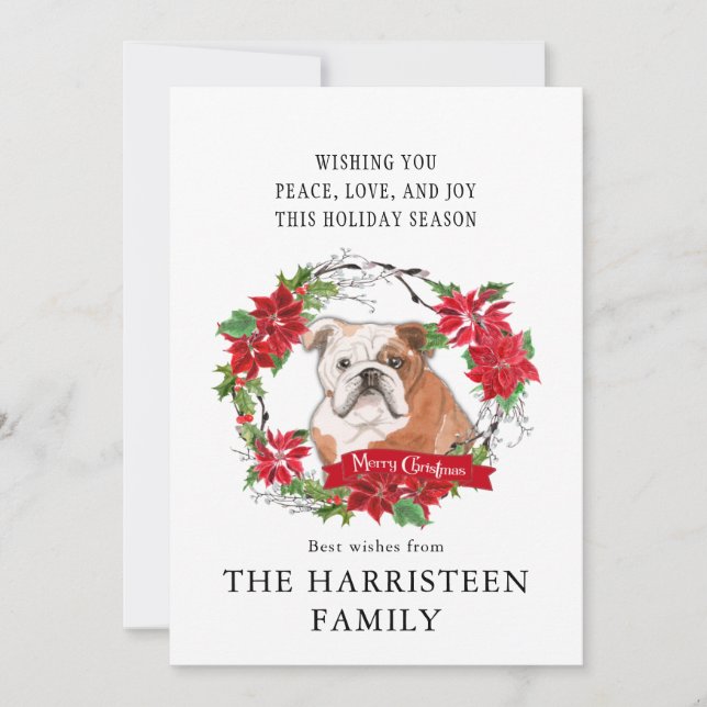 Cartes Pour Fêtes Annuelles Anglais Bulldog Aquarelle Poinsettia Noël (Devant)