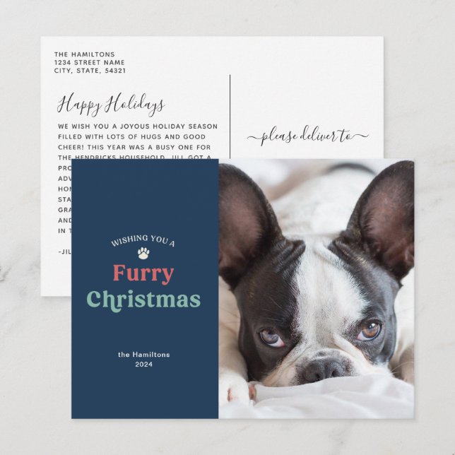 Cartes Pour Fêtes Annuelles Animal de Noël à fourrure bleue (Devant / Derrière)