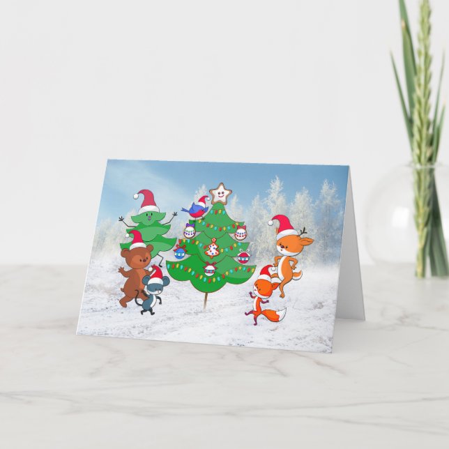 Cartes Pour Fêtes Annuelles Animaux caricaturaux dansant autour de l'arbre de  (Devant)