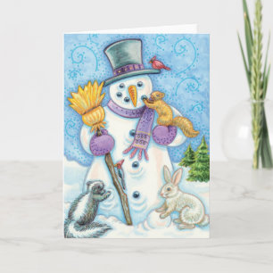 Cartes Pour Fêtes Annuelles Animaux mignons construisant un bonhomme de neige
