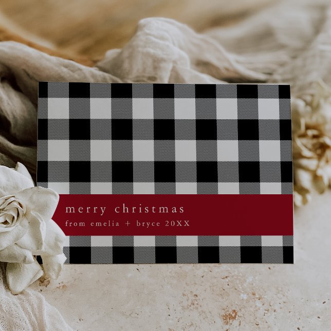 Cartes Pour Fêtes Annuelles ANNA Black Plaid Farmhouse Famille Joyeux Noël (ANNA Black Plaid Farmhouse Family Merry Christmas Holiday Card)