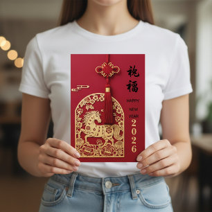Cartes Pour Fêtes Annuelles Année du Cheval 2026 Nouvel An Chinois Rouge Or