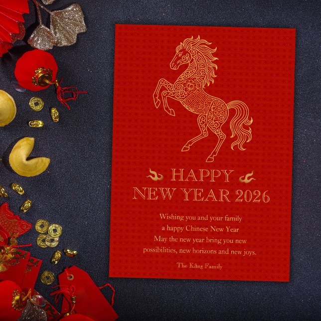 Cartes Pour Fêtes Annuelles Année Du Cheval Rouge Chinois Nouvel An 2026 (Year Of The Horse Red Chinese New Year 2026 Holiday Card)