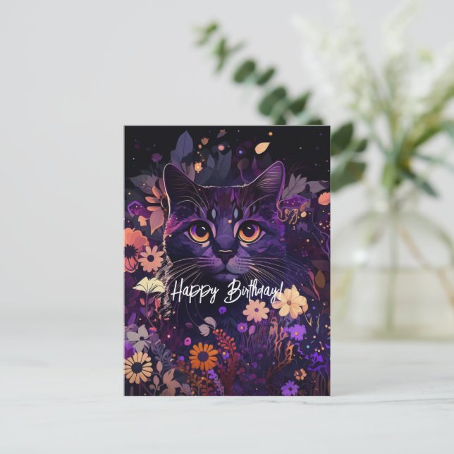 Cartes Pour Fêtes Annuelles Anniversaire Chat Floral Violet (Debout devant)