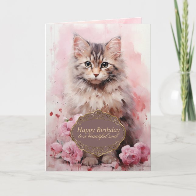 Cartes Pour Fêtes Annuelles Anniversaire Chat rose belle âme (Devant)