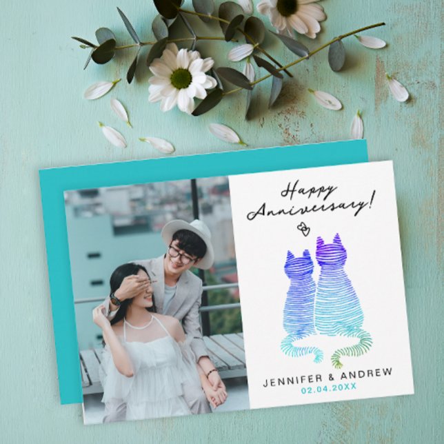 Cartes Pour Fêtes Annuelles Anniversaire moderne Gradient Blue Chats Love Phot (Créateur téléchargé)