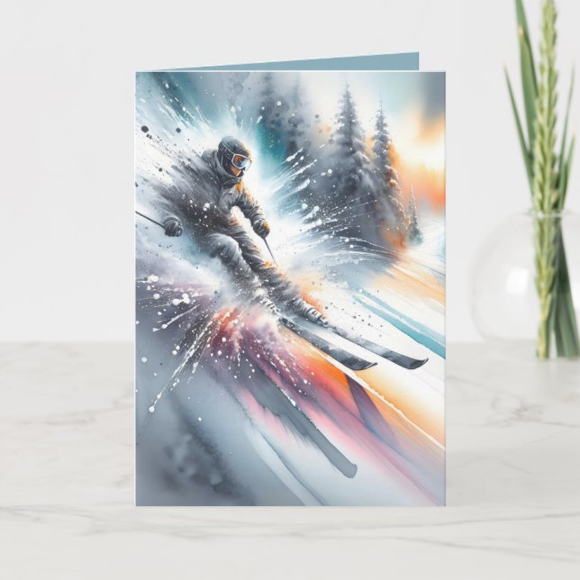 Cartes Pour Fêtes Annuelles Anniversaire Skier de descente Aquarelle (Devant)