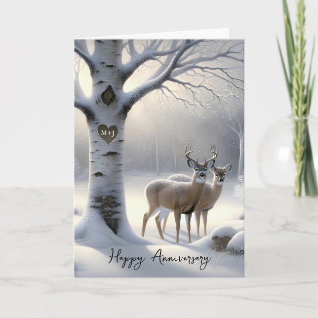 Cartes Pour Fêtes Annuelles Anniversary Deer with Initials on Tree Heart (Devant)