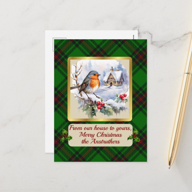 Cartes Pour Fêtes Annuelles Anstruther Crest & Tartan avec Robin Personnalisé (Devant/Arrière en situation)