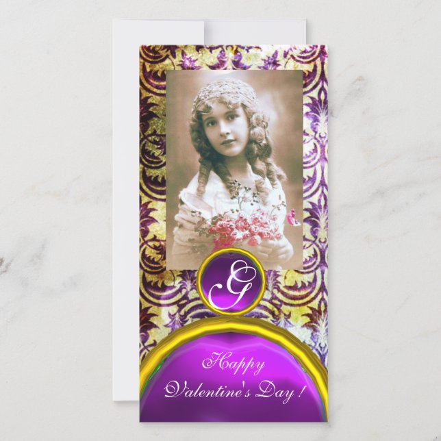 Cartes Pour Fêtes Annuelles ANTIQUE PURPLE DAMASK Amethyst Monogramme (Devant)