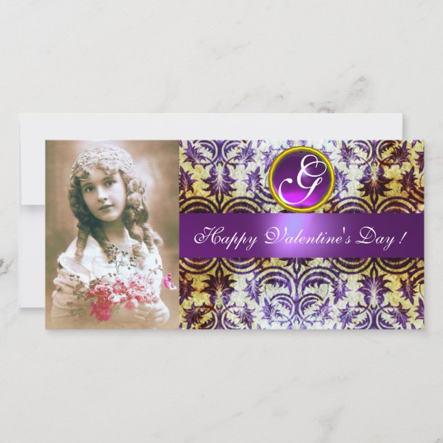 Cartes Pour Fêtes Annuelles ANTIQUE PURPLE DAMASK Amethyst Monogramme (Devant)