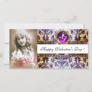 Cartes Pour Fêtes Annuelles ANTIQUE PURPLE DAMASK Améthyste Monogramme blanc