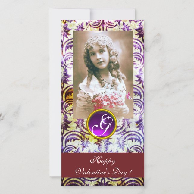 Cartes Pour Fêtes Annuelles ANTIQUE PURPLE DAMASK Améthyste Monogramme rouge (Devant)