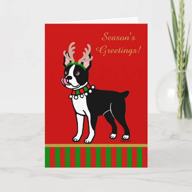 Cartes Pour Fêtes Annuelles Antlers de Noël Boston Terrier (Devant)
