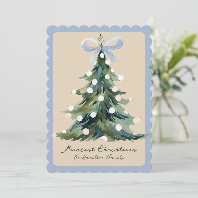 Cartes Pour Fêtes Annuelles Aqua Coquette Ornate Rococo Bow Christmas tree (Debout devant)
