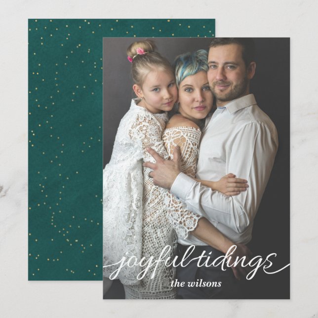 Cartes Pour Fêtes Annuelles Aqua Gold Joyful Tidings Script Photo personnalisé (Devant / Derrière)