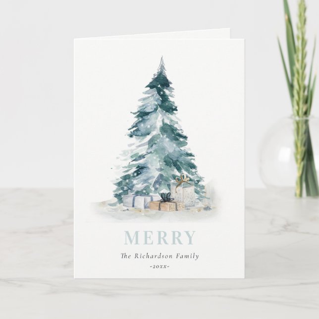 Cartes Pour Fêtes Annuelles Aqua Neige Aquarelle Pine Noël Arbre Cadeaux (Devant)